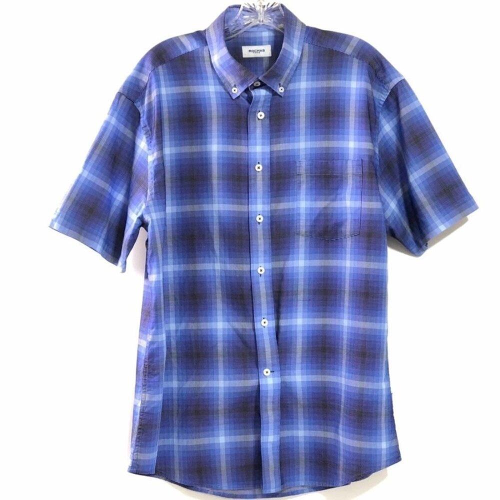 ROCHAS Casual Fit Short Sleeve Cotton Button Down Shirt | Men's Size Large